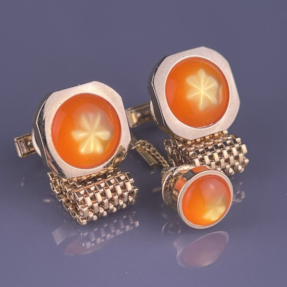 Orange Star Cabochon Wrap Around Cufflinks Tie Pin Gold Tone Polished Square VTG